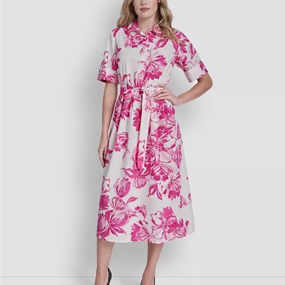NWT DKNY Size 16 Pink Floral Shirt Dress